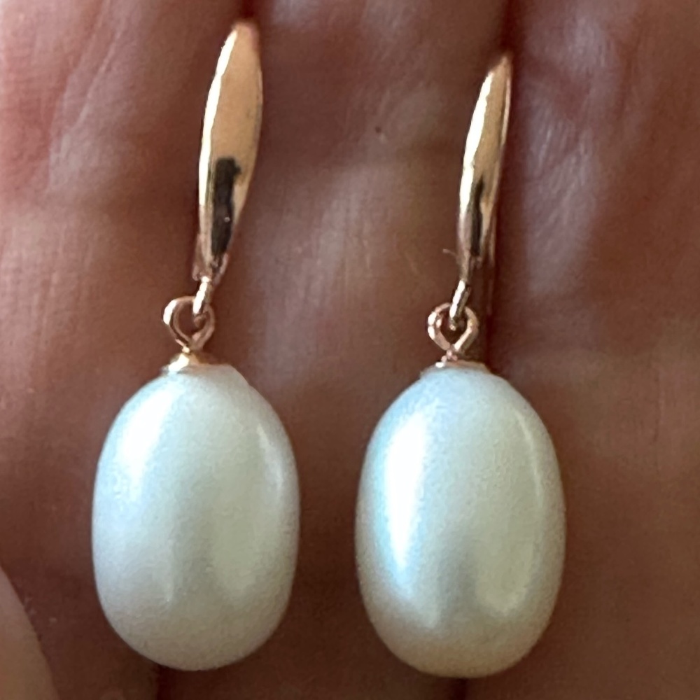 9.5mm Wide White Oval Cultured Pearl - 14K Rose Gold Plated Fishhook Earrings